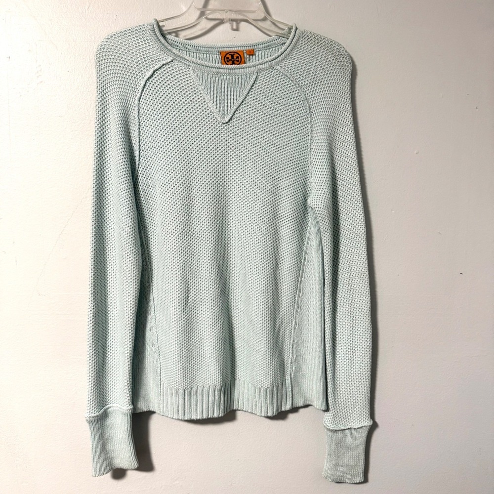 Tory Burch Crew Neck Waffle Knit Sweater Ice blue Raglan Sleeve Pullover Women M